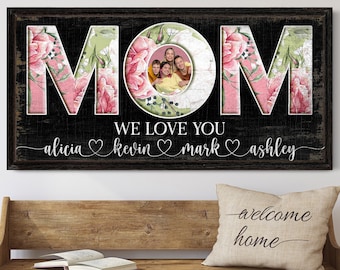 Signo de mamá personalizado, decoración de fotos de familia personalizada, arte de pared de nombres de niños personalizados, decoración floral para el hogar de mamá, regalos de arte de lienzo del día de la madre vintage