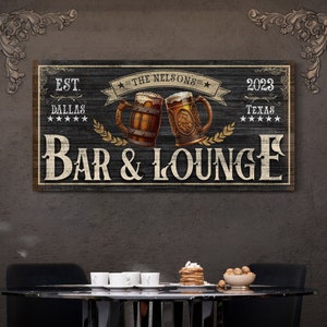 Personalized Bar & Lounge Sign, Lower Level Wall Decor, Man Cave Wall Art, Rustic Pub Decor, Farmhouse Sign, Basement Lounge Canvas Print