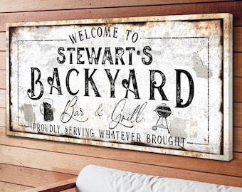 Personalized Bar & Grill Sign | Backyard Wall Decor | Large Outdoor Canvas | Rustic Vintage Patio Sign | Modern Farmhouse Bar and Grill Sign