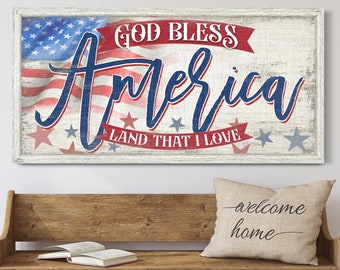 God Bless America Sign, USA Flag Wall Decor, 4th of July Wall Art, Patriotic Sign, Stars & Stripes Sign, Living Room Decor, Canvas Print