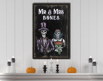 Ms & Mrs Bones Sign | Large Farmhouse Canvas Wall Art | Halloween Gift | Spooky Decor | Rustic Wood Backgrounds | Creepy Fall Medieval Skull