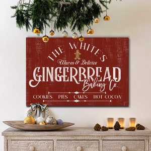 Custom Gingerbread Baking Co. Sign | Warm & Delicios | Bakery Canvas Wall Art | Red Background Kitchen Decor | Vintage Christmas Baking Sign