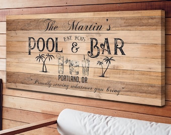 Custom POOL & BAR Sign | Personalized Huge Canvas | Custom Outdoor Wall Decor | Custom Wooden Background Canvas Print | Personalize Bar Sign