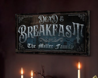 Personalized Dead & Breakfast Sign, Halloween and Autumn Wall Decor, Spooky Signs, Witchy Rustic Canvas Print, Broom Wall Decor, Scary Decor