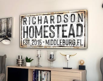 Familie Homestead teken | Moderne boerderij wanddecoratie | Gepersonaliseerde enorme canvas | Vintage decor rustiek chic | Inwijdingsfeest cadeau | Achternaam teken