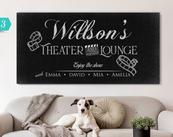 Personalized Theater and Lounge Sign | Large Rustic Wall Art Canvas | Movie Room Sign Modern Farmhouse Wall Decor | Family Name Lounge Sign