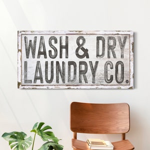 Wash & Dry Laundry Co. Sign, Rustic Laundry Room Wall Decor, Modern Bathroom Decor, Vintage Farmhouse Family Business Name Canvas Print