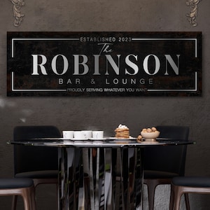 Personalized Bar & Lounge Sign, Minimalist Home Bar Pub Sign, Family Last Name Basement Garage Sign, Man Cave Decor, Farmhouse Canvas Art