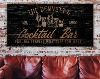 Personalized Cocktail Bar Sign, Cocktail Bar Decor, Cocktail Bar Wall Hanging, Rustic Vintage Lounge Decor, Farmhouse Wall Art, Canvas Print