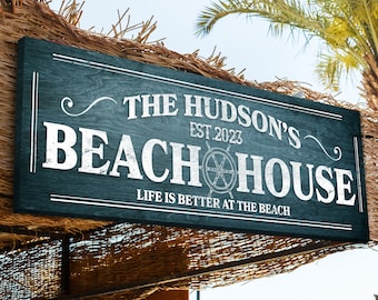 Personalized Beach House Canvas Sign, Family Name Beach Sign, Coastal Wall Decor, Cottage Beach Wall Decor, Nautical Beach Vacation Home Art