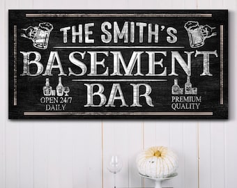 Personalized Basement Bar Sign, Vintage Home Bar Pub Sign, Family Last Name Lounge Sign, Garage Man Cave Decor, Farmhouse Canvas Wall Art