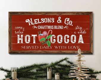 Custom Hot Cocoa Sign | Christmas Blend Sign | Christmas & Winter Decor | Personalized Huge Canvas | Vintage Red Background Christmas Sign