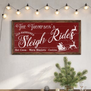 Custom Sleigh Rides Sign, Hot Cocoa & Cookies Sign, Christmas Wall Art, Holiday Winter Wall Décor, Vintage Santa Claus Xmas Winter Decor
