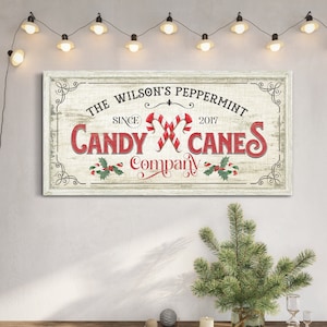 Personalized Candy Canes Co. Sign, Vintage Xmas Décor, Rustic Holiday Family Name Sign, Traditional Christmas Art, Farmhouse Canvas Wall Art