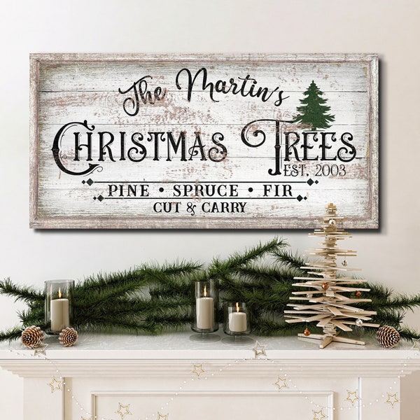Personalized Christmas Trees Sign | Cut and Carry | Huge Christmas Canvas Wall Art | Vintage Rustic Winter Decor | Custom Name, EST. Date
