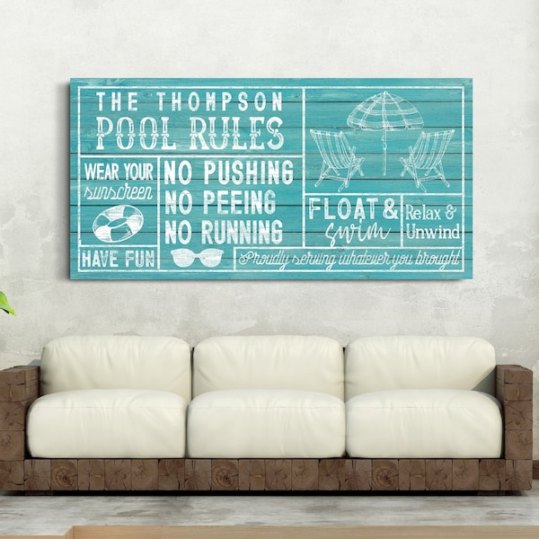 Personalized Pool Rules Sign, Swimming Pool Rules Sign, Backyard & Outdoor Pool Decor, Retro Our Pool Rules Sign, Farmhouse Canvas Wall Art