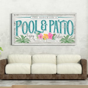 Enseigne personnalisée pour piscine et terrasse, décoration de bar et grill au bord de la piscine, décoration de piscine extérieure, enseigne pour terrasse de piscine nom de famille, oeuvre d'art sur toile de ferme