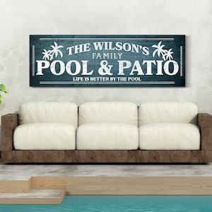 Enseigne personnalisée pour piscine et terrasse, décoration de bar et grill au bord de la piscine, décoration de piscine extérieure, enseigne pour terrasse de piscine nom de famille, oeuvre d'art sur toile de ferme