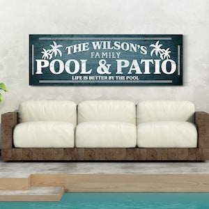 Personalized Pool & Patio Sign, Poolside Bar and Grill Decor, Outdoor Swimming Pool Decor, Family Name Pool Deck Sign, Farmhouse Canvas Art