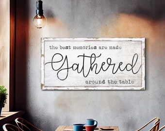 The Best Memories are Made Gathered Around the Table Canvas Sign, Rustic Kitchen & Dining Room Wall Decor, Vintage Farmhouse Wall Decor