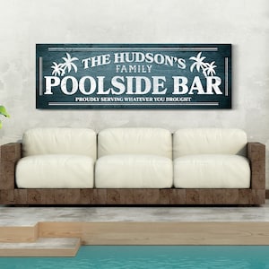 Personalized Poolside Bar Sign, Backyard Pool & Bar Sign, Vintage Outdoor Swimming Pool Decor, Pool Patio Sign, Farmhouse Canvas Wall Art