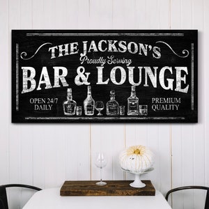 Personalized Bar & Lounge Sign, Home Bar Sign, Rustic Pub Decor, Family Name Sign, Man Cave Sign, Garage Wall Art, Farmhouse Canvas Print
