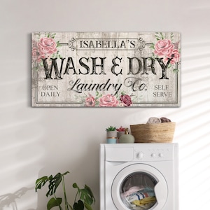 Personalized Wash & Dry Laundry Co. Sign, Vintage Laundry Room Wall Decor, Bathroom Decor, Rustic Farmhouse Family Business Name Canvas Art