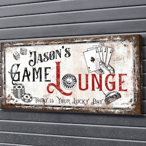 Personalized Game Lounge Sign, Gambling Dice Sign, Basement Sign, Game Room Decor, Man Cave Decor, Vintage Farmhouse Wall Art, Canvas Print