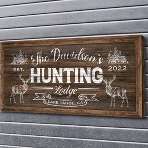 Personalized Hunting Lodge Sign, Deer Hunting Sign, Rustic Hunting Lodge Decor, Vintage Man Cave Decoration, Large Farmhouse Canvas Wall Art