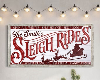 Personalized Sleigh Rides Sign, Christmas Decor, Custom Holiday Winter Décor, Vintage Nostalgic Xmas Decor, Farmhouse Christmas Canvas Art