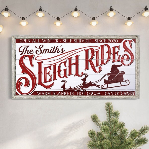 Personalized Sleigh Rides Sign, Christmas Decor, Custom Holiday Winter Décor, Vintage Nostalgic Xmas Decor, Farmhouse Christmas Canvas Art