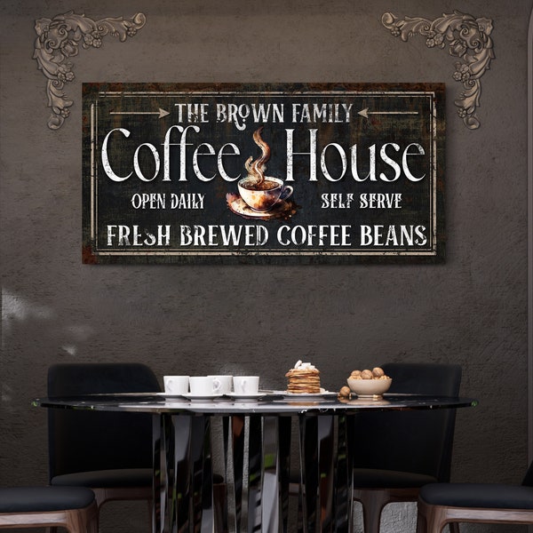 Personalized Coffee House Sign, Coffee Shop & Kitchen Wall Decor, Boutique Coffee Bar Sign, Vintage Fresh Brewed Coffee Beans Canvas Art