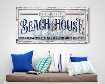 Personalized Beach House Canvas Sign, Family Name Beach Sign, Coastal Wall Decor, Cottage Beach Wall Decor, Nautical Beach Vacation Home Art
