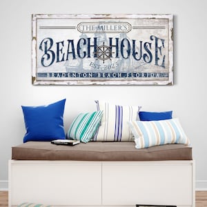 Personalized Beach House Canvas Sign, Family Name Beach Sign, Coastal Wall Decor, Cottage Beach Wall Decor, Nautical Beach Vacation Home Art