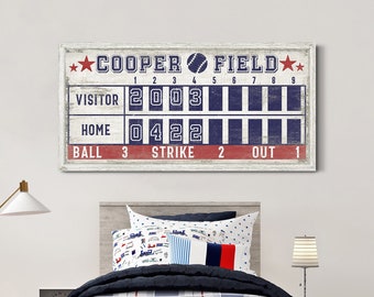 Personalized Baseball Scoreboard Sign, Game Room Wall Decor, Sports Theme Nursery Room Decor, Custom Above Bed Decor, Rustic Canvas Wall Art