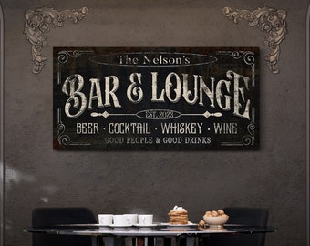 Personalized Bar & Lounge Sign, Vintage Home Bar Pub Sign, Family Last Name Sign, Basement Garage Man Cave Decor, Farmhouse Canvas Wall Art