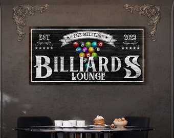Personalized Billiards Lounge Sign, Custom Billiards Wall Hanging, Game Room Wall Decor, Rustic Farmhouse Wall Art, Man Cave Canvas Art Gift