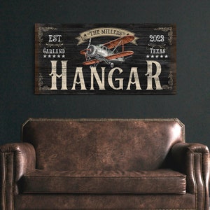 Custom Hangar Sign, Personalized Pilot Name Sign, Retro Aviation Wall Art, Rustic Airplane Decor, Personalized Canvas Print Gifts For Pilot