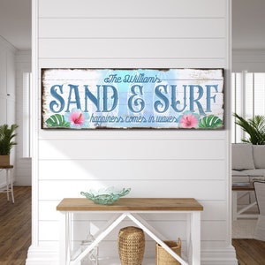 Personalized Sand & Surf Sign, Beach House Coastal Wall Decor, Nautical Farmhouse Wall Decor, Cozy Cabin Cottage Home Decor, Beach Life Sign