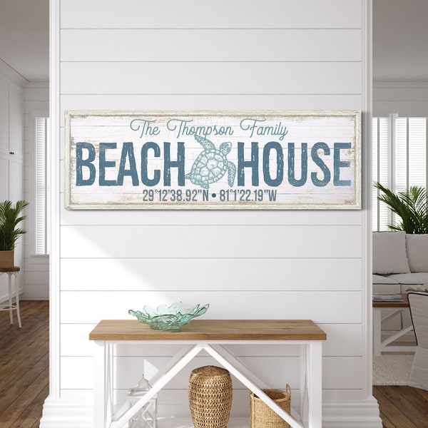 Personalized Beach House Sign With Coordinates, Oceanside Beach Cabin Decor, Coastal Cottage Canvas Art, Nautical Family Vacation Home Decor