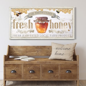 Personalized Fresh Honey Sign, Vintage Locally Produced Organic Honey Farm Wall Art, Rustic Kitchen Canvas Print, Outdoor Entryway Decor