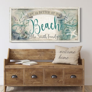 Personalized Life is Better at the Beach Sign, Vintage Beach House Wall Decor, Coastal Home Decor Gift, Nautical Beach Life Canvas Wall Art