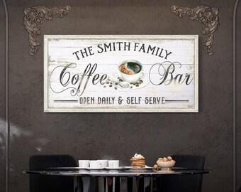 Personalized Coffee Bar Sign, Family Name Coffee Co Sign, Farmhouse Kitchen Canvas Wall Art, Gift for Coffee Lover, Vintage Coffee Shop Sign