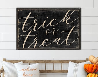 Signo de truco o trato / Gran arte mural de lienzo de granja / Regalo de Halloween / Decoración espeluznante / Fondos de madera rústica / Otoño espeluznante medieval
