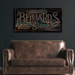 Personalized Billiards Lounge Sign, Poolhall Sign, Game Room Basement Wall Decor, Pool Table Room Wall Art, Pool Hall Sign for Bar & Lounge