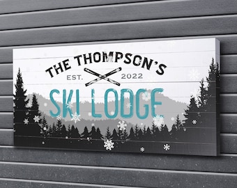 Aangepaste Ski Lodge teken, winter boerderij huis wandkleden, berghuis decor, cabine decor, kerstcadeau, wintersport ski minnaar cadeau