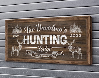 Personalized Hunting Lodge Sign, Deer Hunting Sign, Rustic Hunting Lodge Decor, Vintage Man Cave Decoration, Large Farmhouse Canvas Wall Art