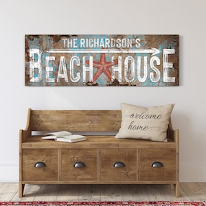 Personalized Beach House Sign, Rustic Starfish Home Decor, Beach Lover Gift, Coastal Cabin Cottage Wall Art, Nautical Themed Canvas Print