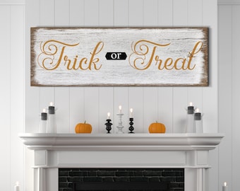 Trick or Treat Sign | Large Canvas Wall Art | Halloween Gift | Spooky Decor | Rustic Wood Farmhouse Backgrounds | Orange Halloween Sign