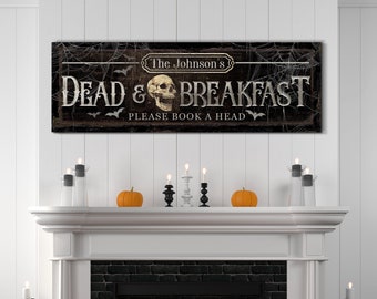 Personalized Dead & Breakfast Sign, Halloween Wall Decor, Spooky Signs for Fall, Witchy Rustic Canvas Print, Broom Wall Decor, Scary Decor